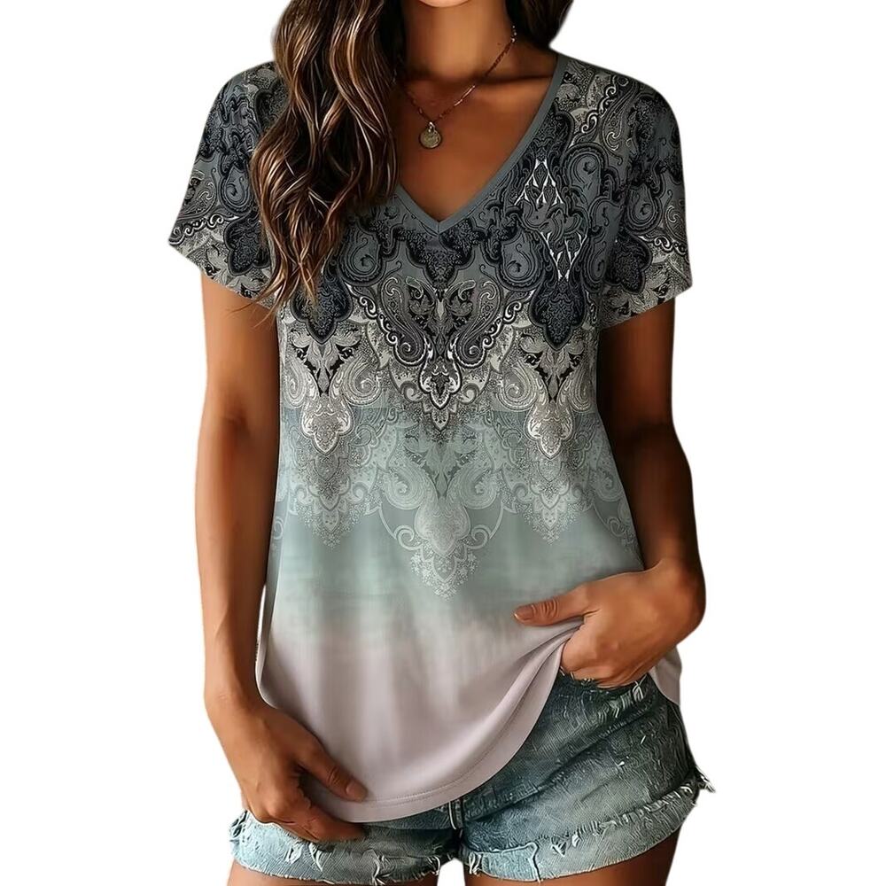 Vintage Paisley V Neck Short Sleeve Blouse Top Women Size XL New Casual Work Top